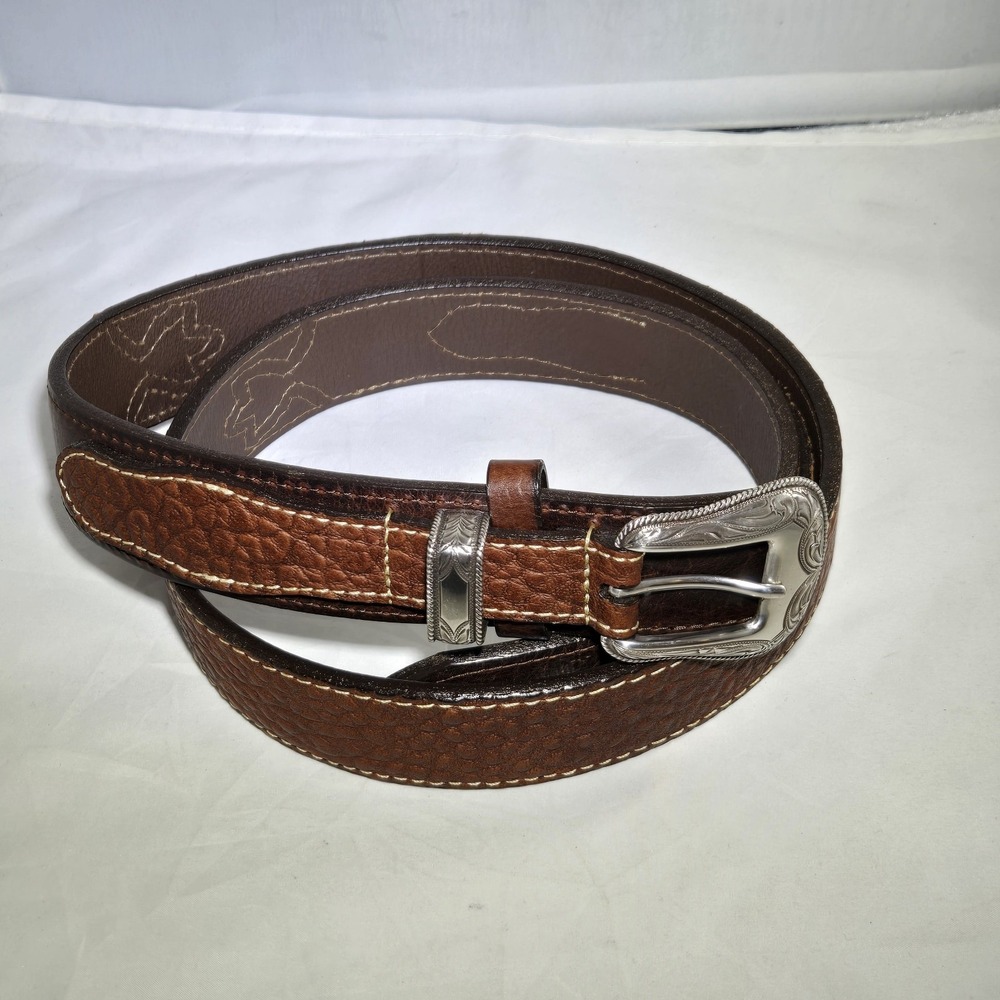 Overland American Bison Leather Belt Mens 38 Brown Silver Hardwear USA Made
